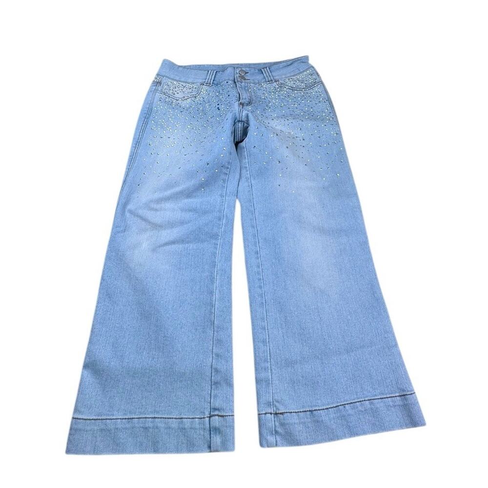 Light Blue Wide-Leg Cropped Jeans with Crystal Embellishment